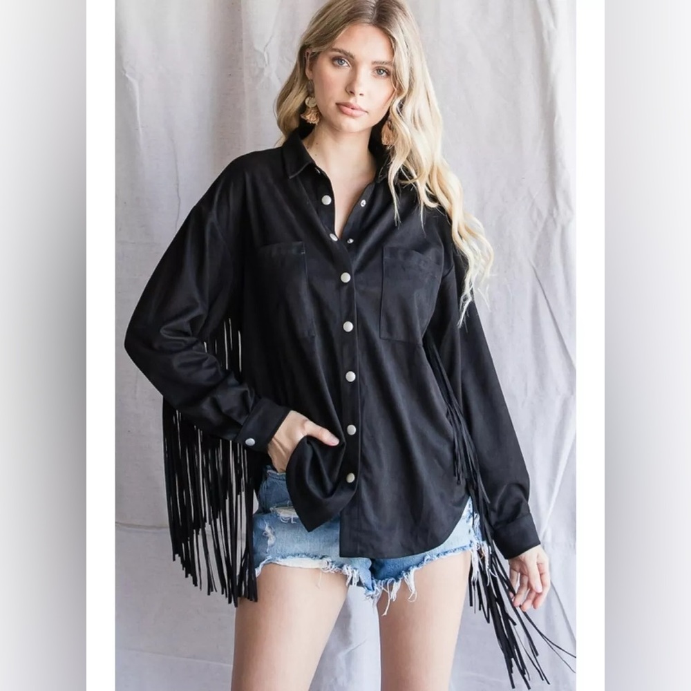 JODIFL Western Fringe Black Suede jacket with Pockets. Size large